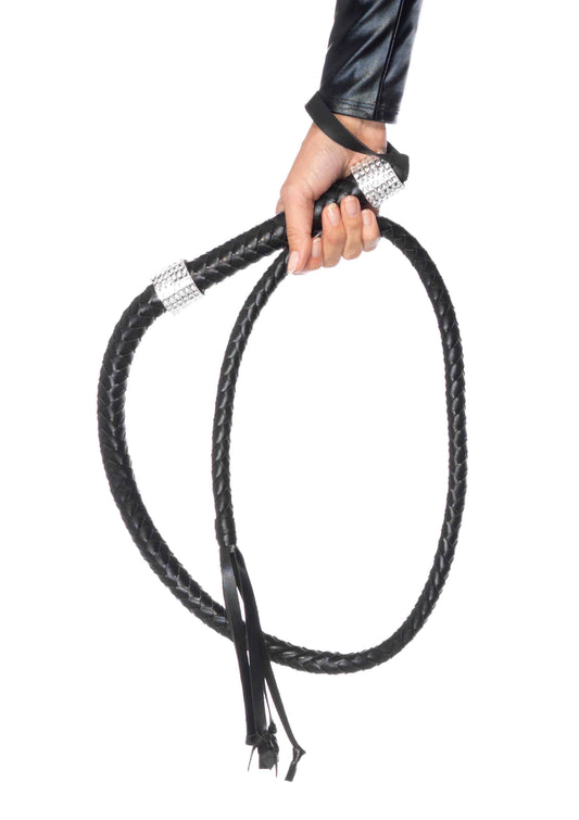 Faux Leather 54 Inch Braided Whip with Rhinestone Handle – Costume Whip