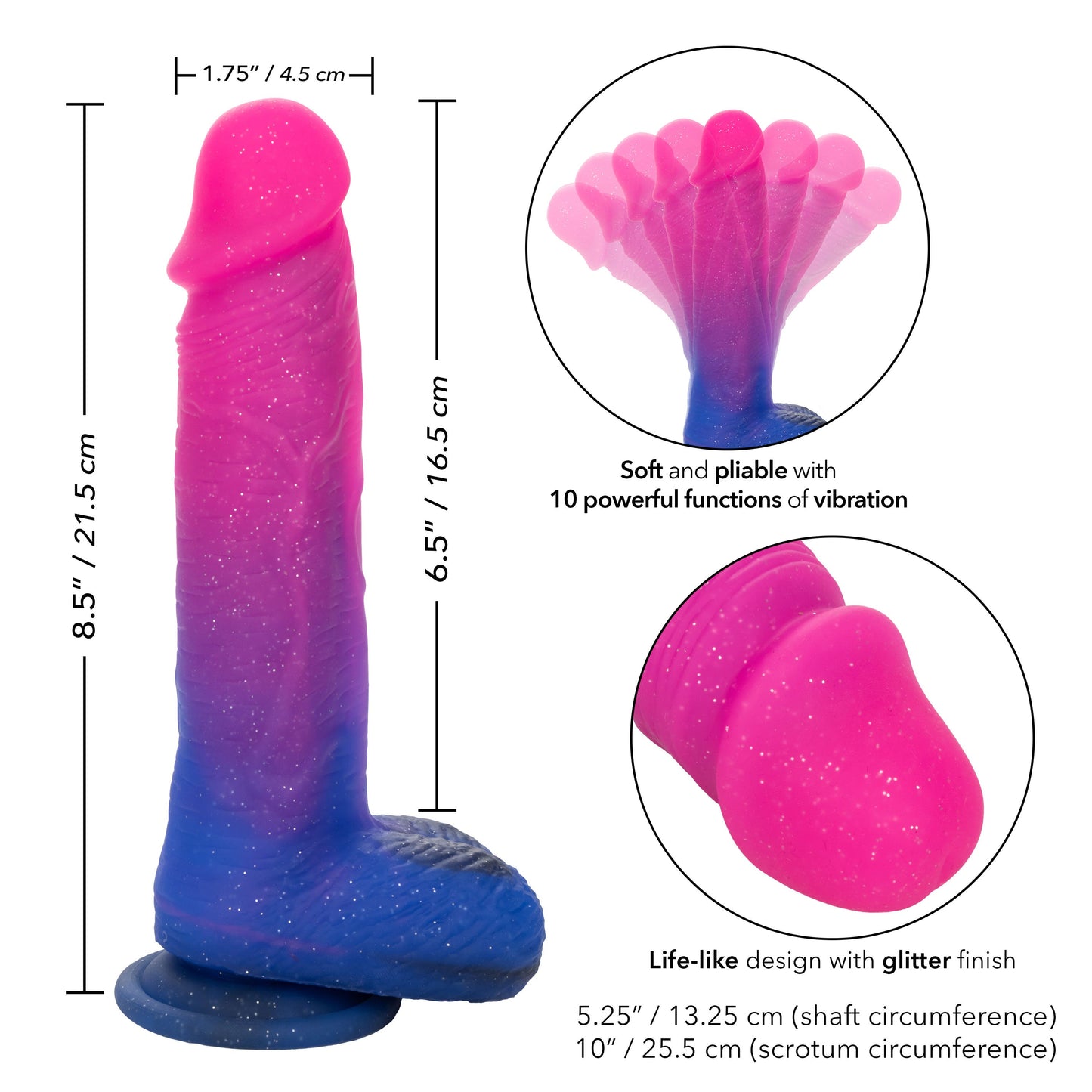 Naughty Bits Ombré Hombre XL Vibrating Dildo in Pink and Blue with Glitter Finish