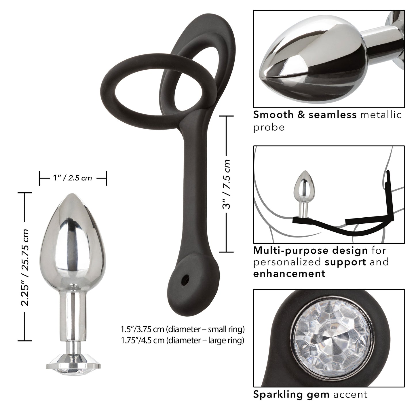 Star Fucker Mini Plug Black Silicone Dual Enhancer with Metal Probe and Sparkling Gem Base