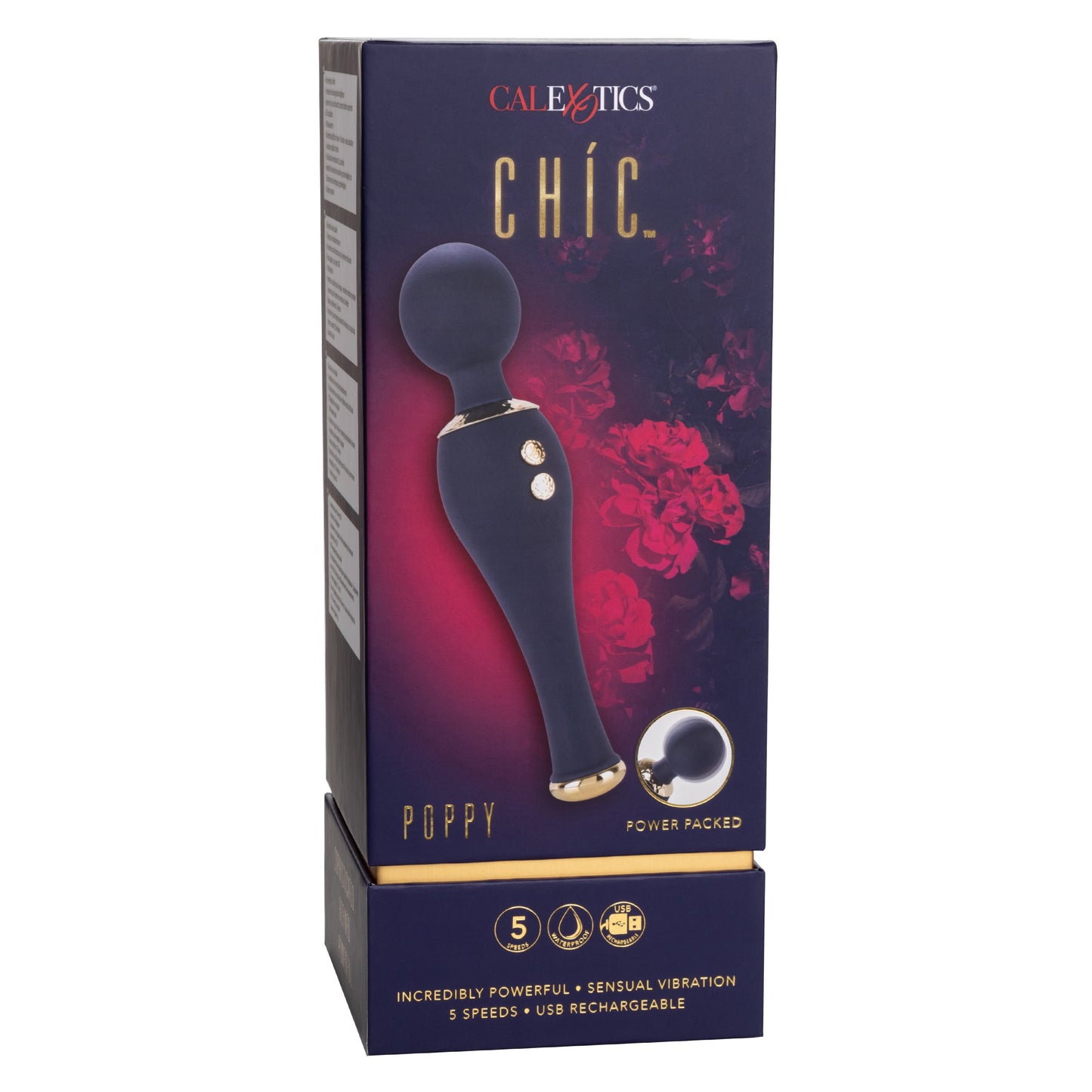 Chic Poppy Navy Blue Ultra-Plush Silicone Massager with 5 Vibration Levels and Gold Accents, Rechargeable, Waterproof