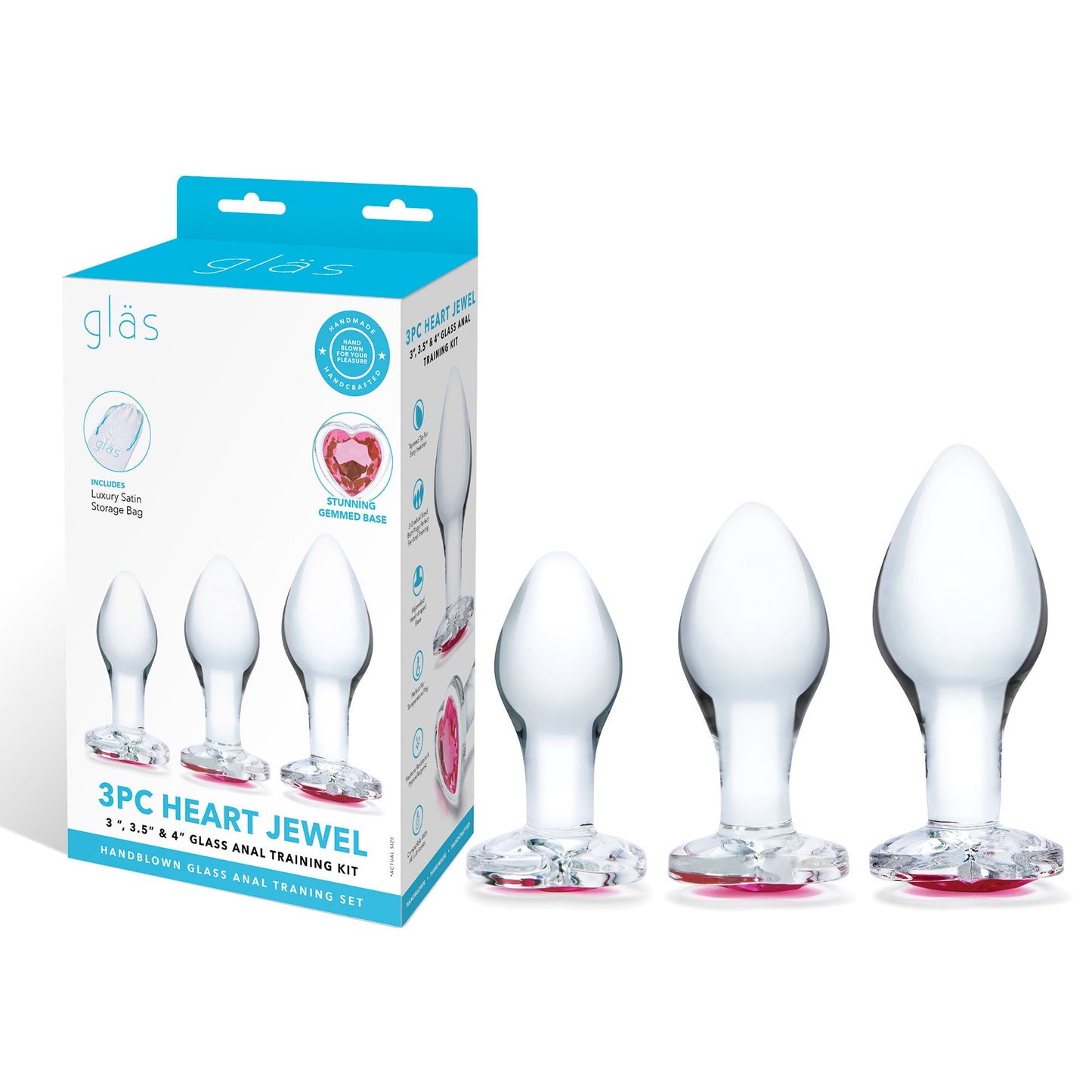 Glas 3 Inch 3.5 Inch 4 Inch 3PC Heart Jewel Clear Glass Anal Training Kit