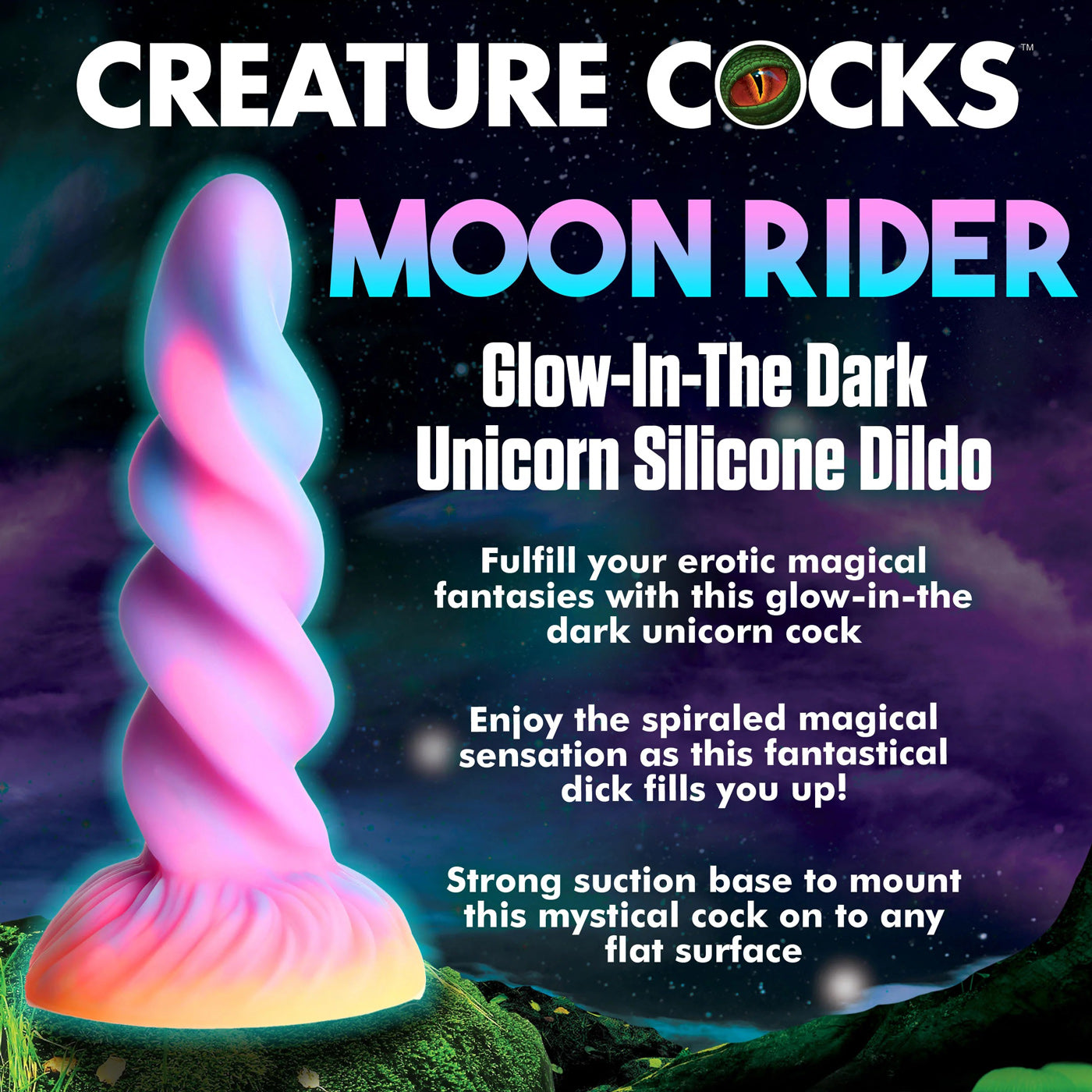 Moon Rider Glow in the Dark Unicorn (Colorful Sunburst) – Vibrant Glow Dildo 7 Inches
