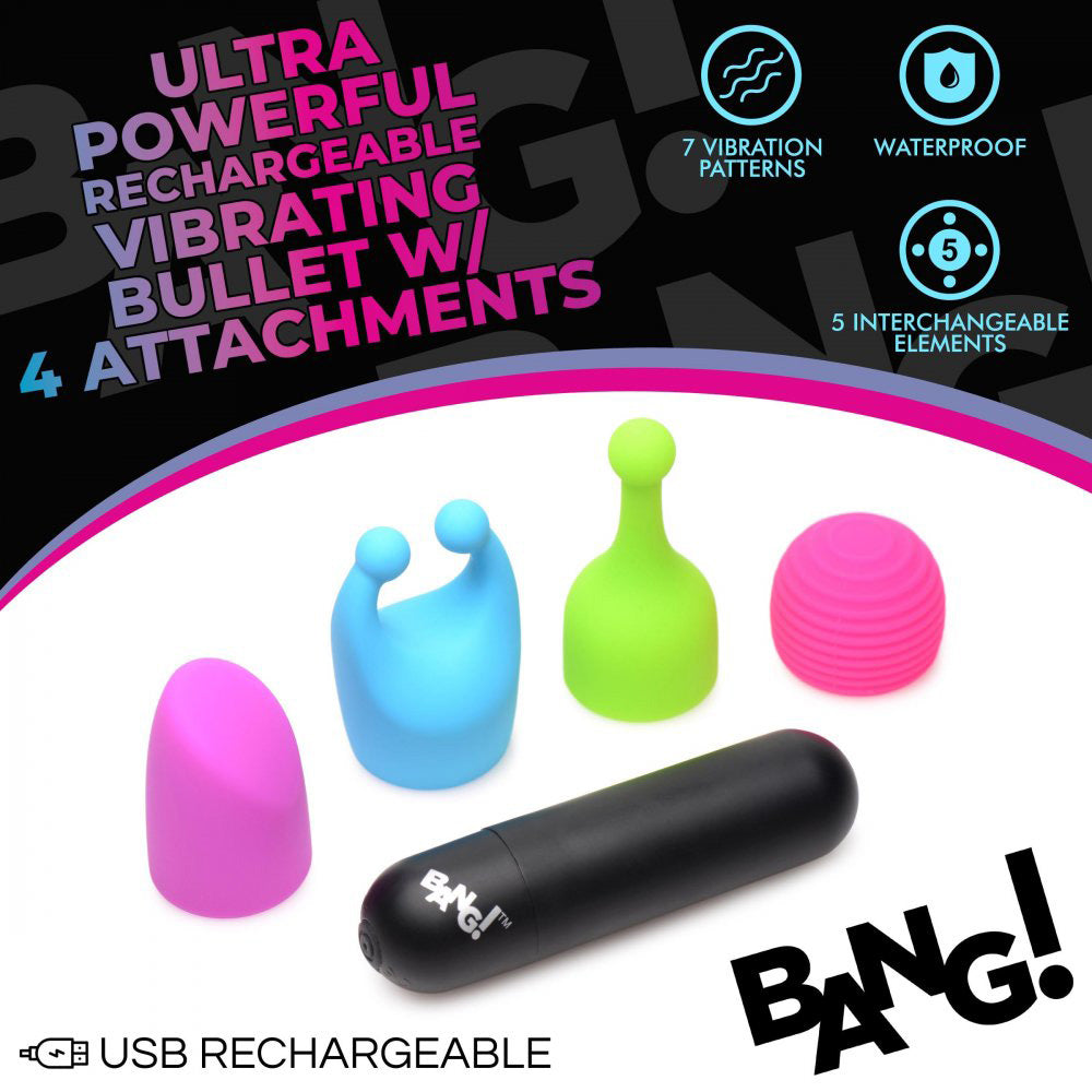 Bang! Bullet Vibrator with 4 Glow-in-the-Dark Attachments, Waterproof Silicone, 7 Vibration Patterns