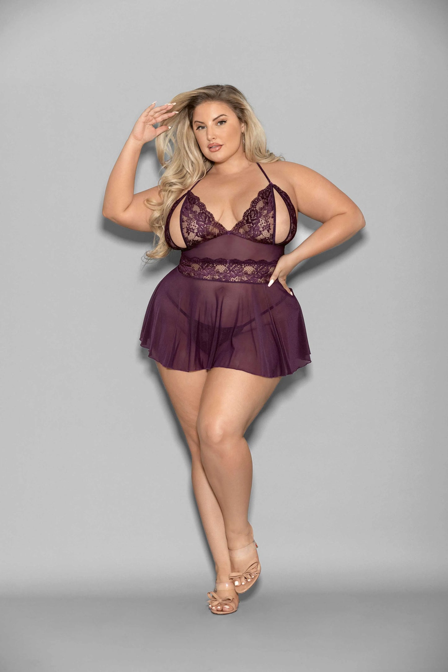 Shorty Babydoll Queen Size – Lace Mesh Halter Tie Lingerie