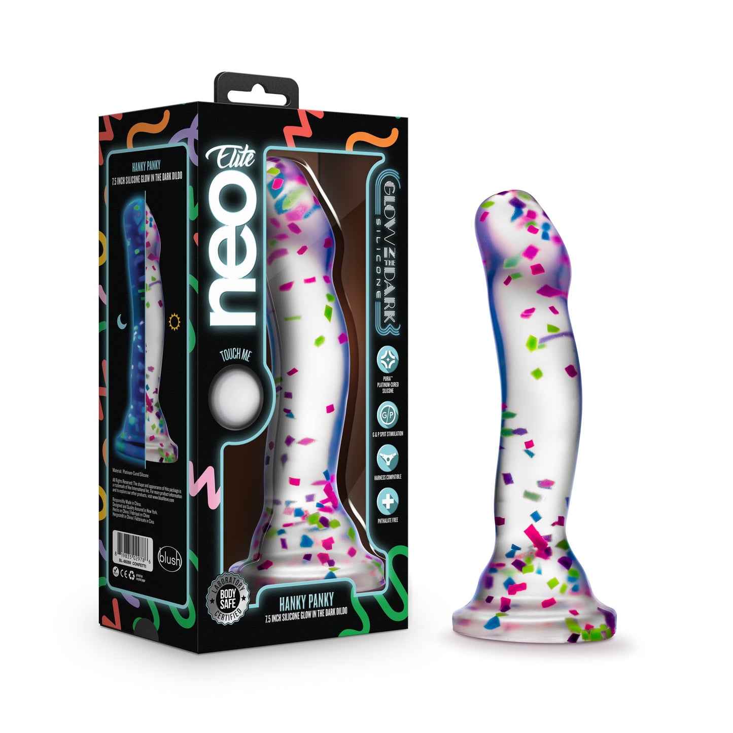 Hanky Panky Confetti Filled Clear 7.5" Dildo Glow in the Dark