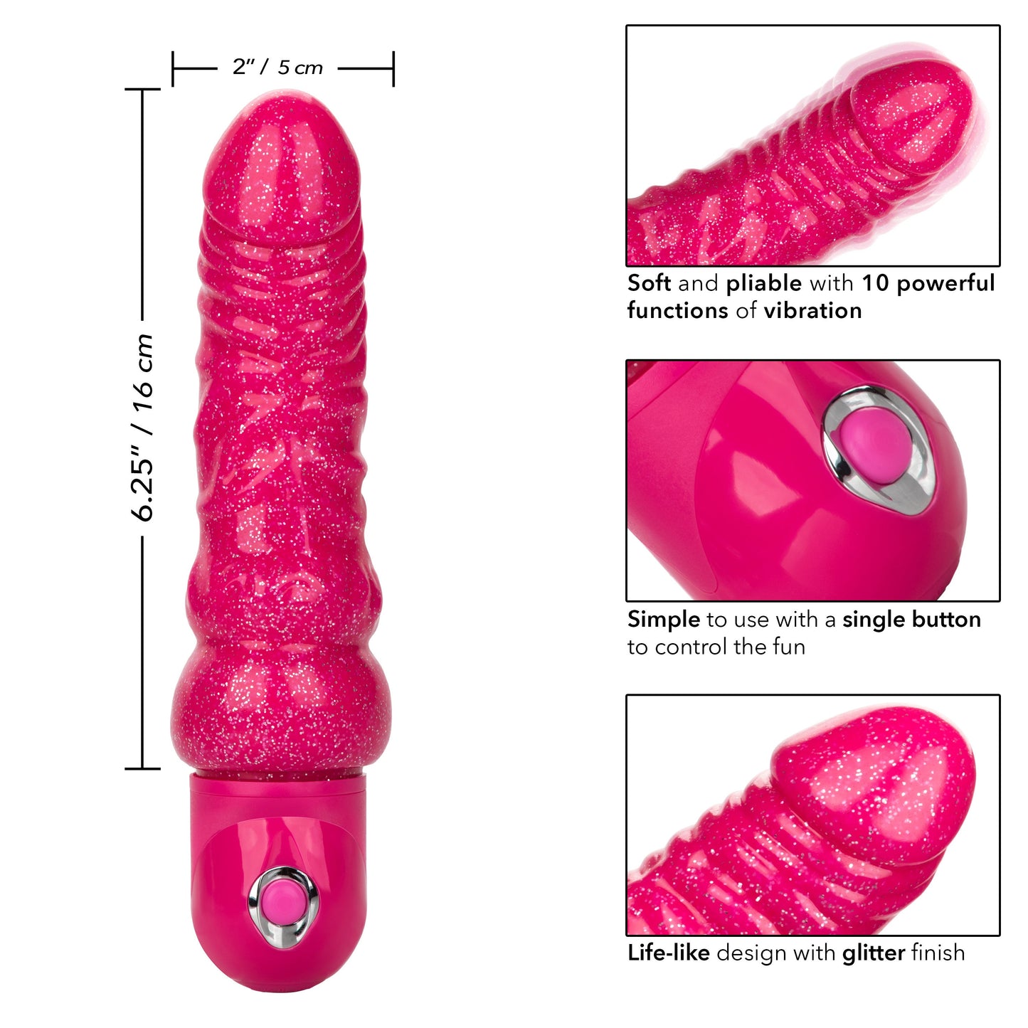 Naughty Bits Lady Boner Bendable Personal Vibrator Pink Glitter 10 Function Waterproof