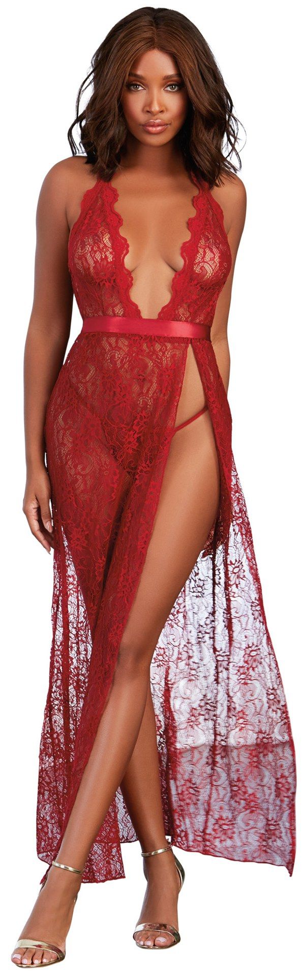 Garnet Lace Gown with Satin Tie Waist and Coordinating G-String (Small) – Delicate Long Lingerie Gown Set