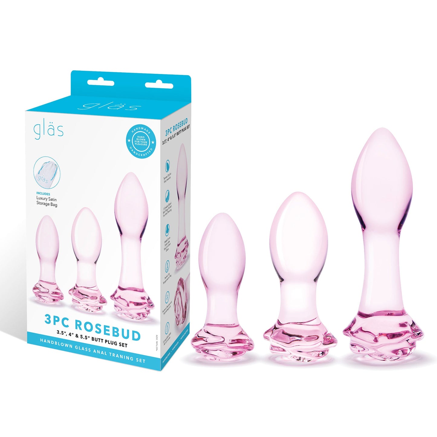 Glas 3PC Rosebud Butt Plug Set Pink Handblown Glass Anal Training Set 3.5, 4.5, and 5.5 Inches