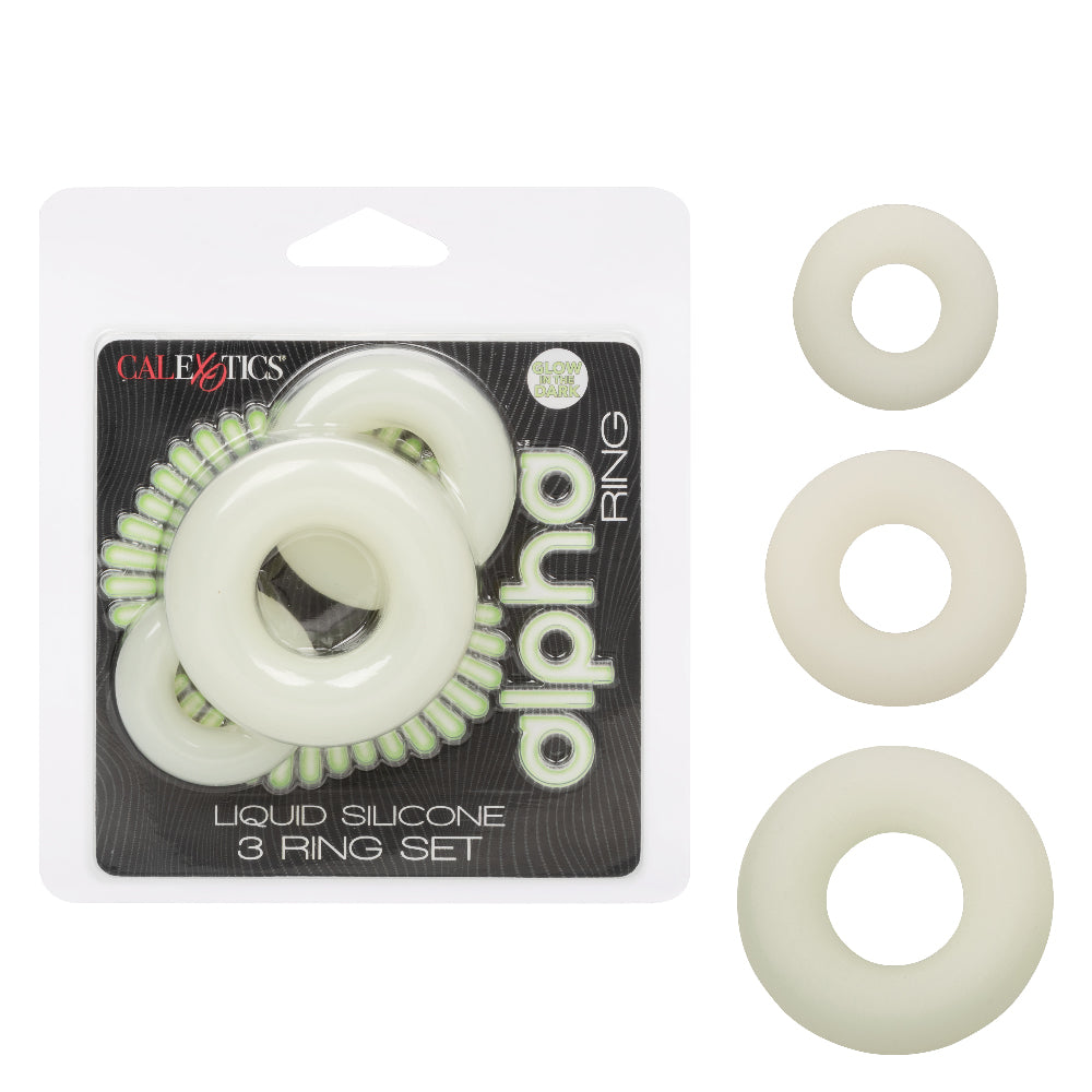Alpha Glow-In-The-Dark Liquid Silicone 3 Ring Set in White with Multiple Sizes