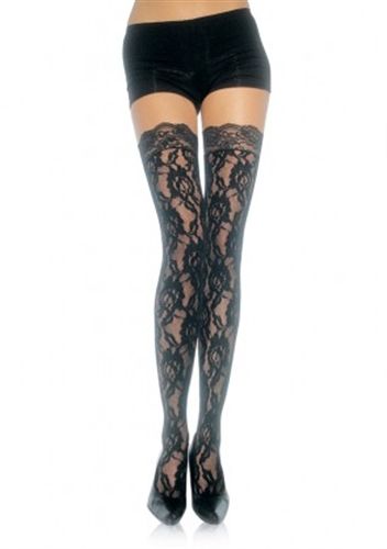 Lace Top Lace Thigh Highs (Black) – One Size Nylon Stockings