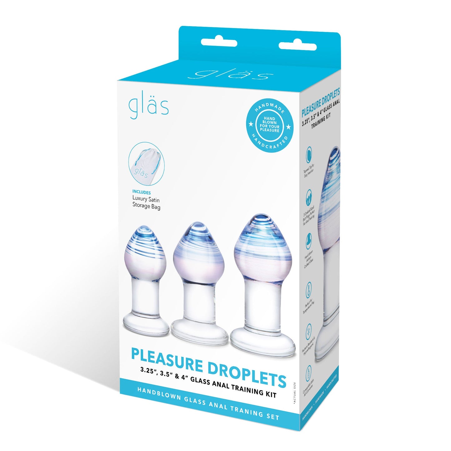 Glas Pleasure Droplets (Blue and White Swirl) – 3-Piece Glass Anal Training Kit