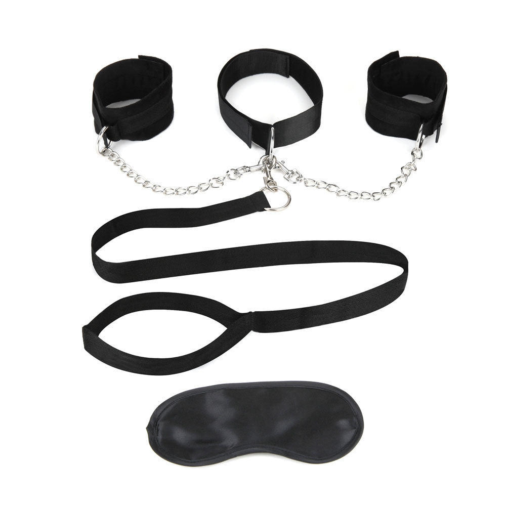 Lux Fetish Collar Cuffs and Leash Set with Removable Soft Plush Lined Cuffs and Adjustable Collar in Black