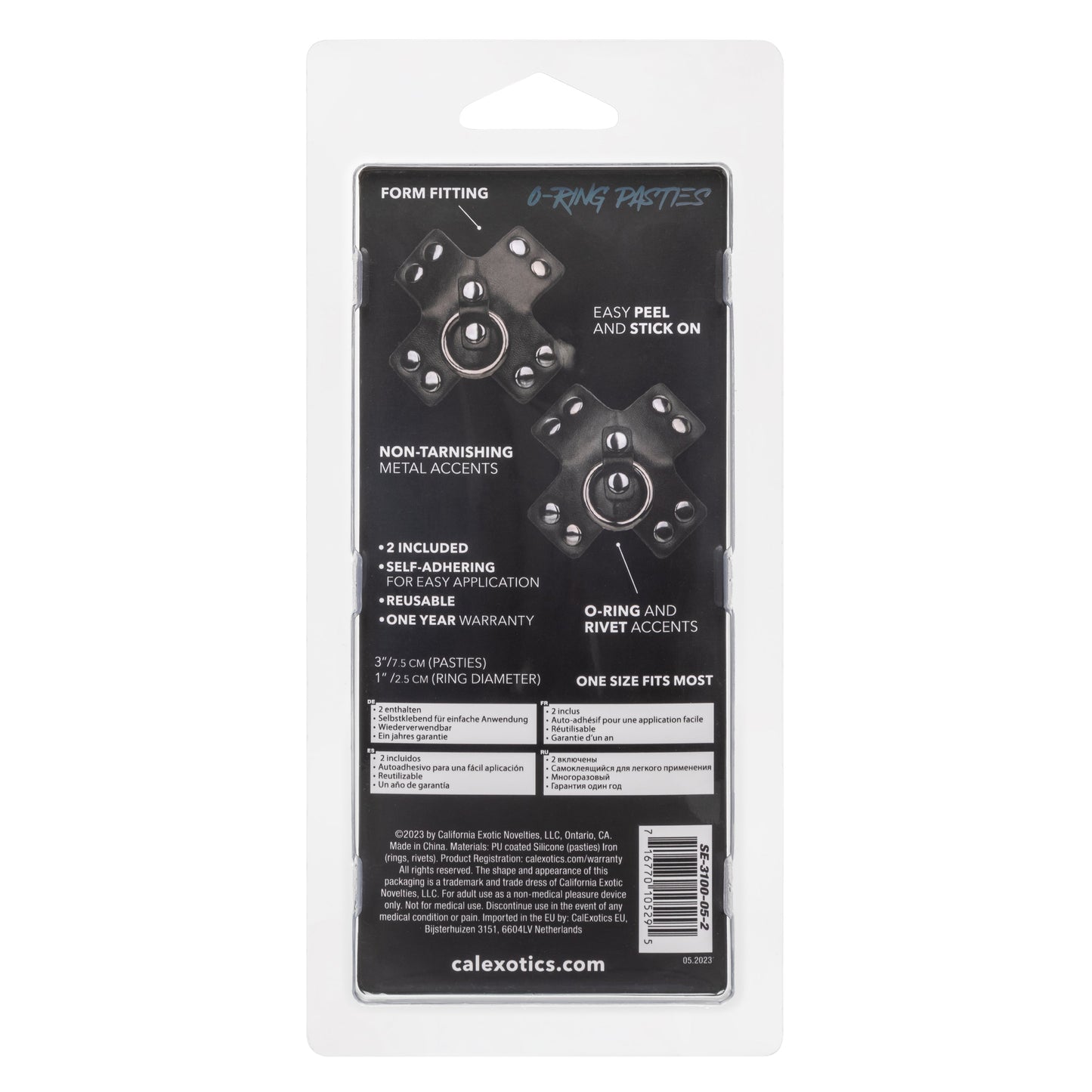 Euphoria Collection Black PU Coated Silicone O-Ring Pasties with Rivet Accents 3 Inch