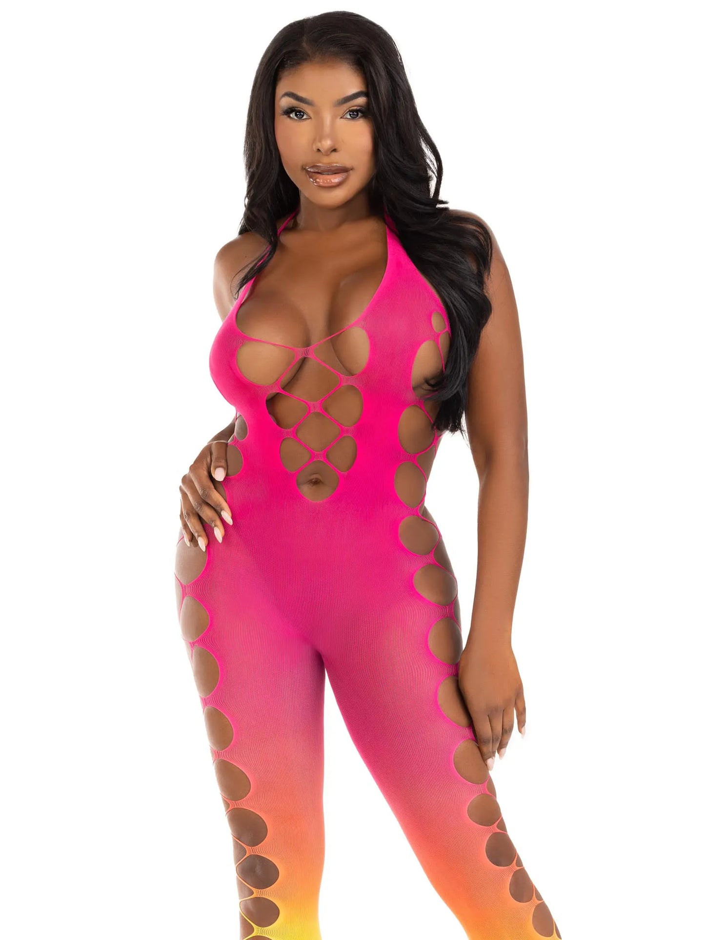 Ombre Faux Lace-Up Seamless Footless Bodystocking – One Size Lingerie