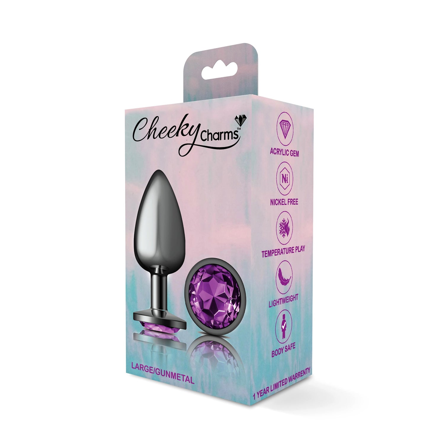 Cheeky Charms Gunmetal Round Butt Plug with Purple Jewel Large