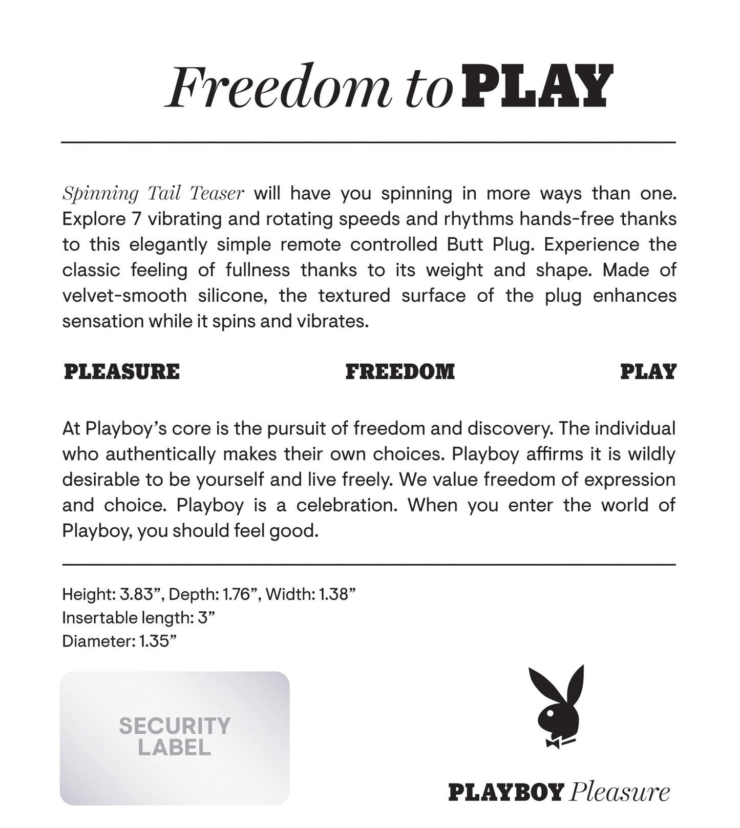 Playboy Pleasure SPINNING TAIL TEASER Remote Butt Plug