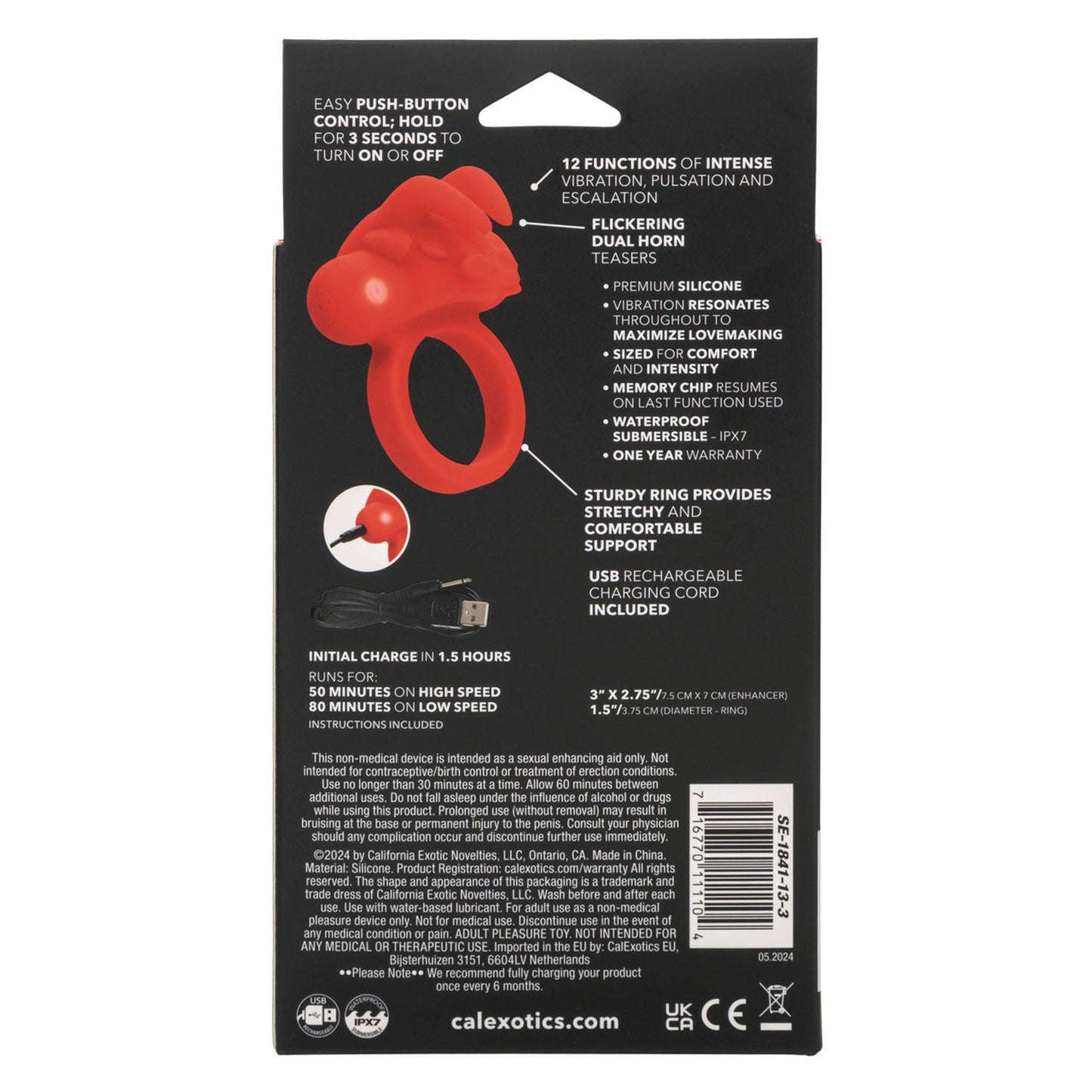 Silicone The Matador Red Waterproof Couples Enhancer Ring with 12 Intense Functions and Charging