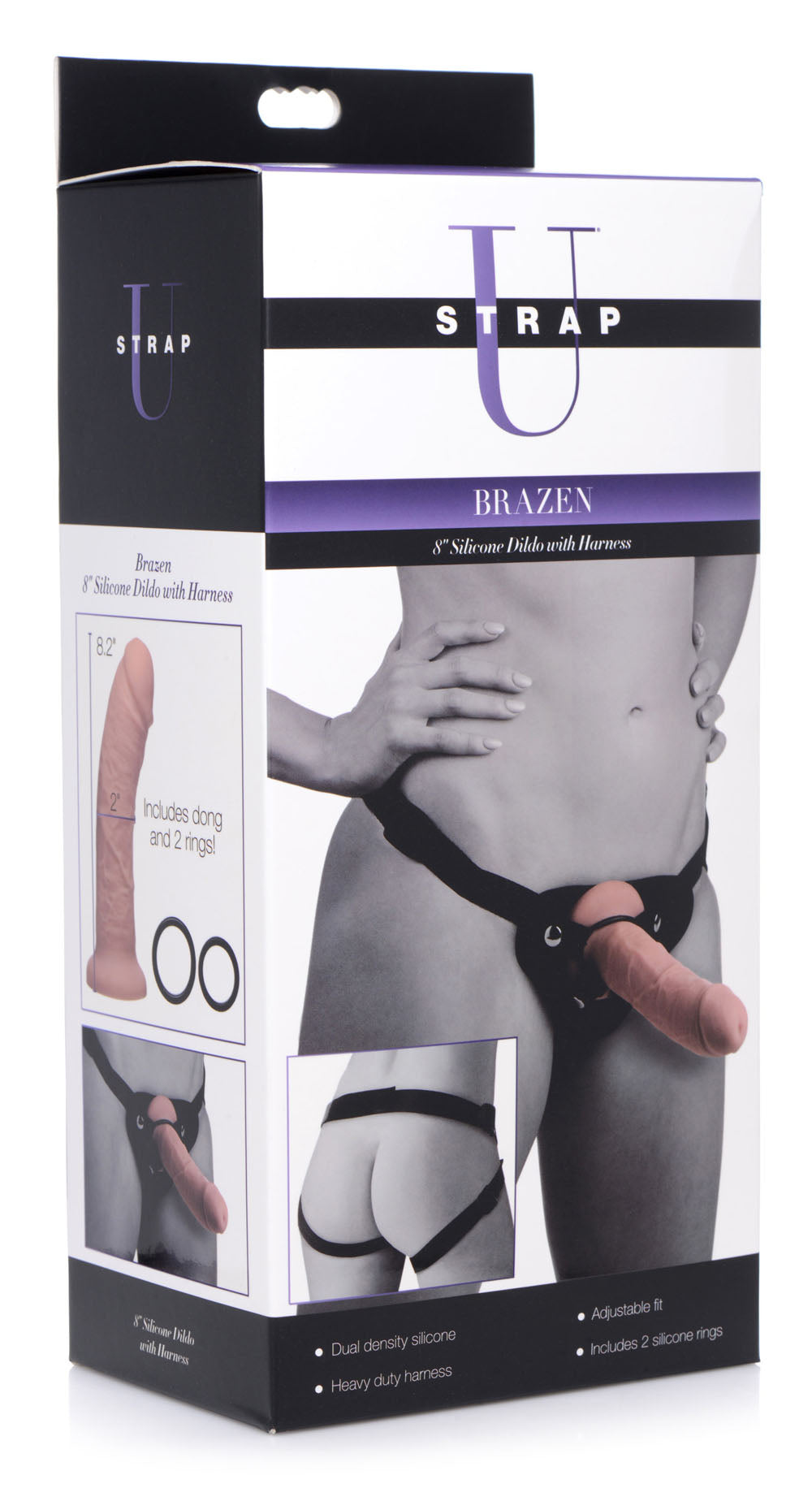 Brazen 8 Inch Silicone Dildo with Harness in Flesh Color