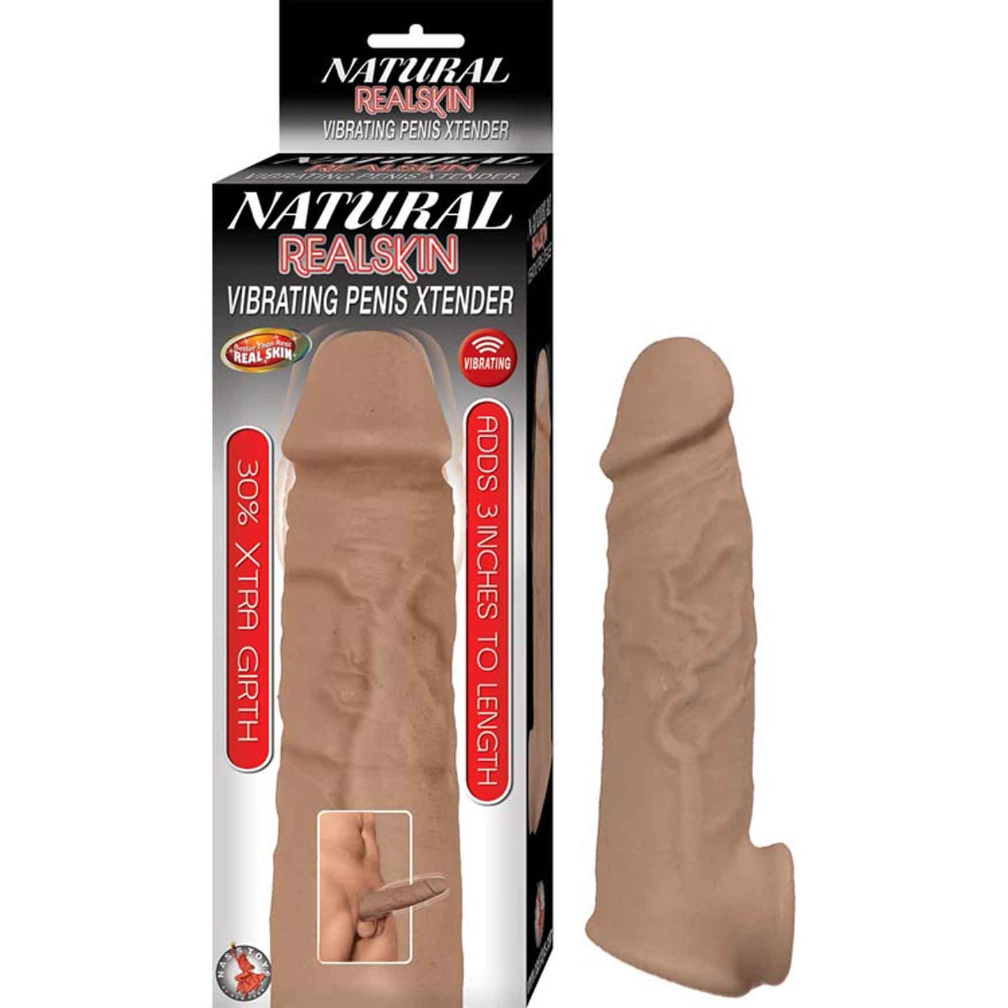 Natural Realskin Vibrating Penis Extender Sleeve Brown 7.6cm