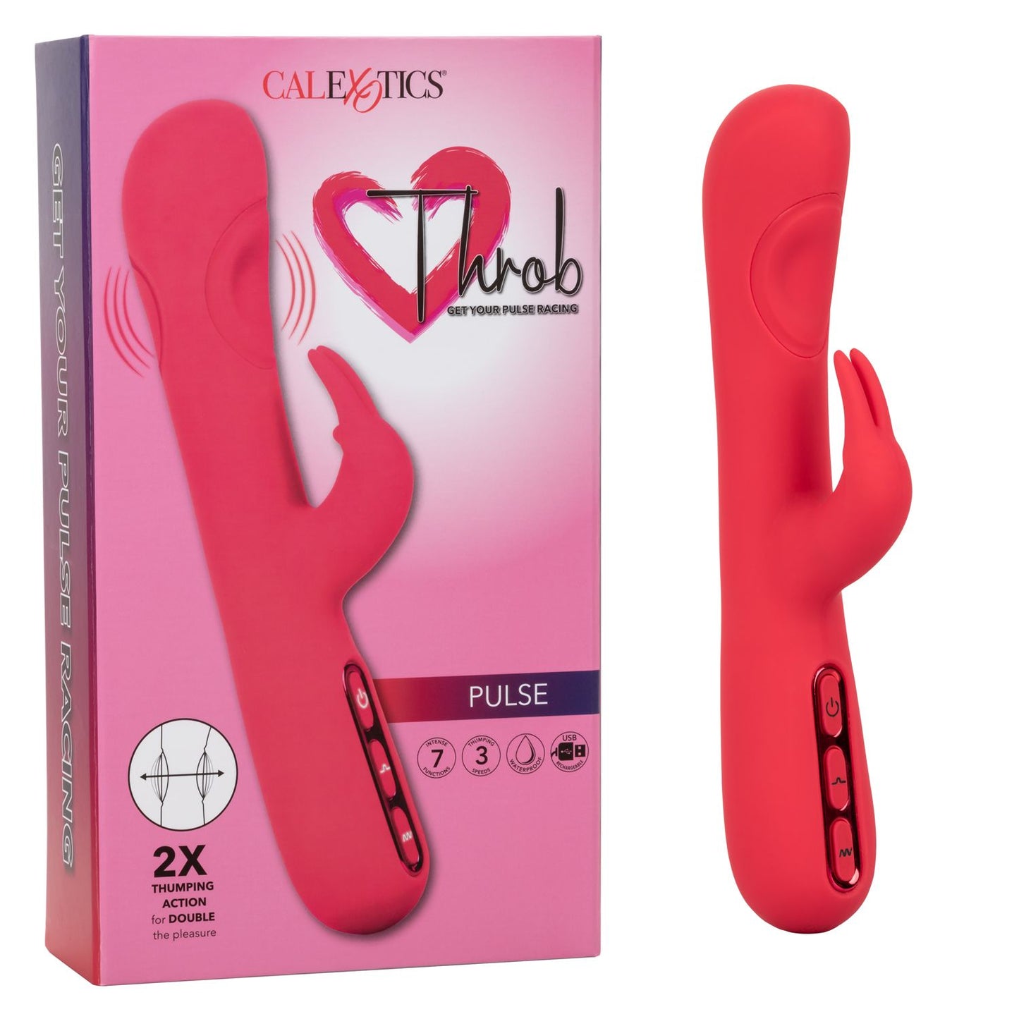 Throb Pulse Red Silicone Rabbit Vibrator with Double Thumping Action and 7 Vibration Functions