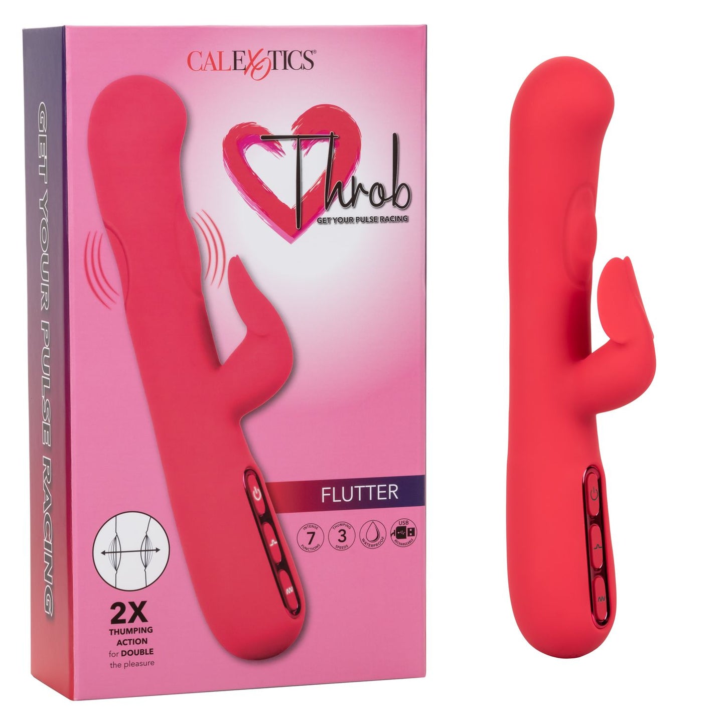 Throb Flutter Red Dual Stimulator Massager with 2x Thumping Action and 7 Vibration Functions, Silicone Waterproof Vibrator