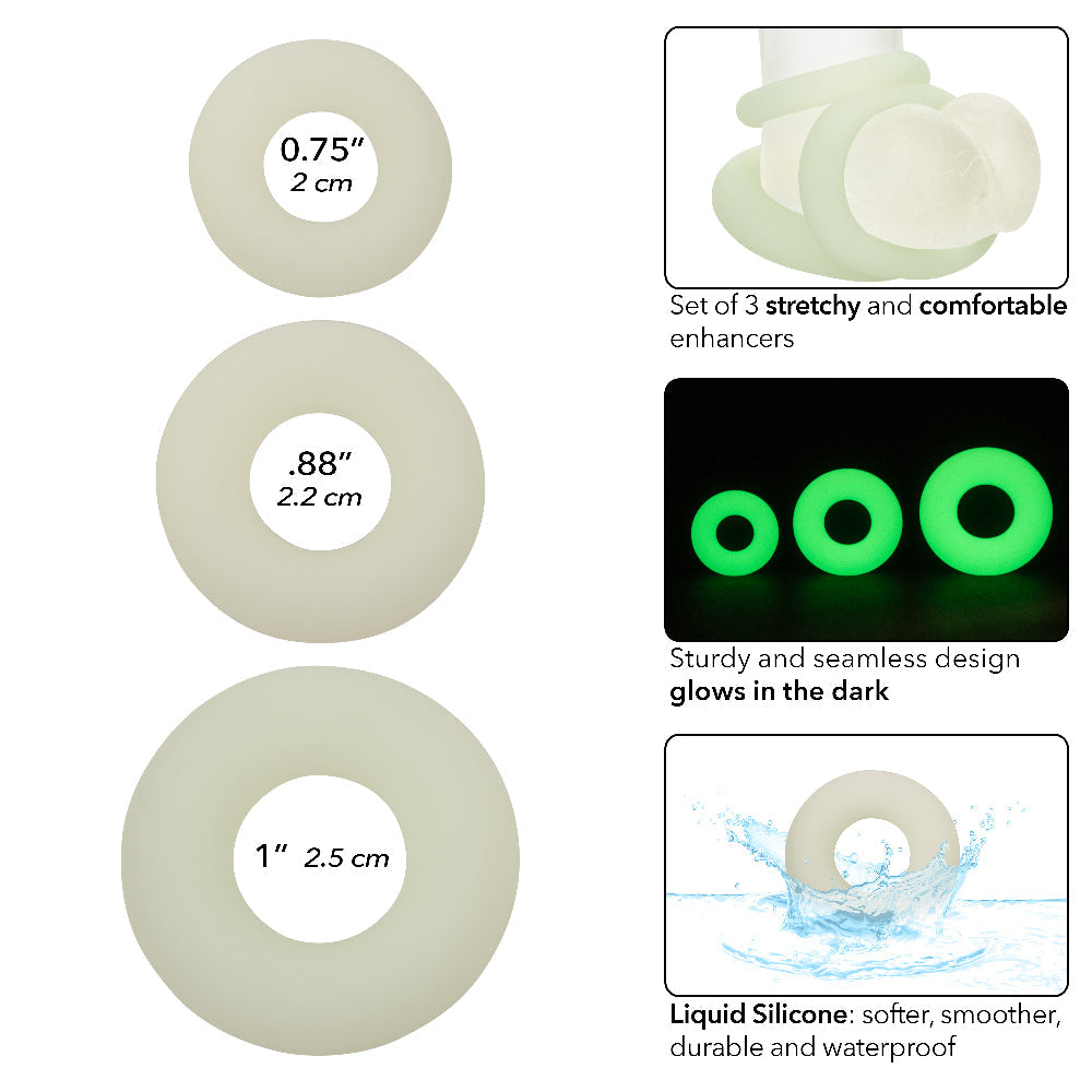 Alpha Glow-In-The-Dark Liquid Silicone 3 Ring Set in White with Multiple Sizes