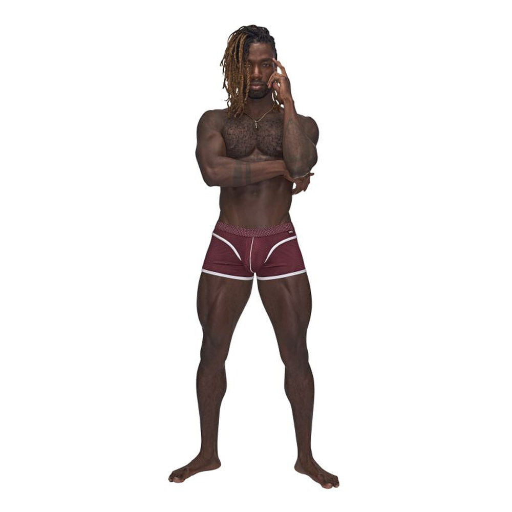 Male Power Sport Mesh Mini Shorts in Burgundy