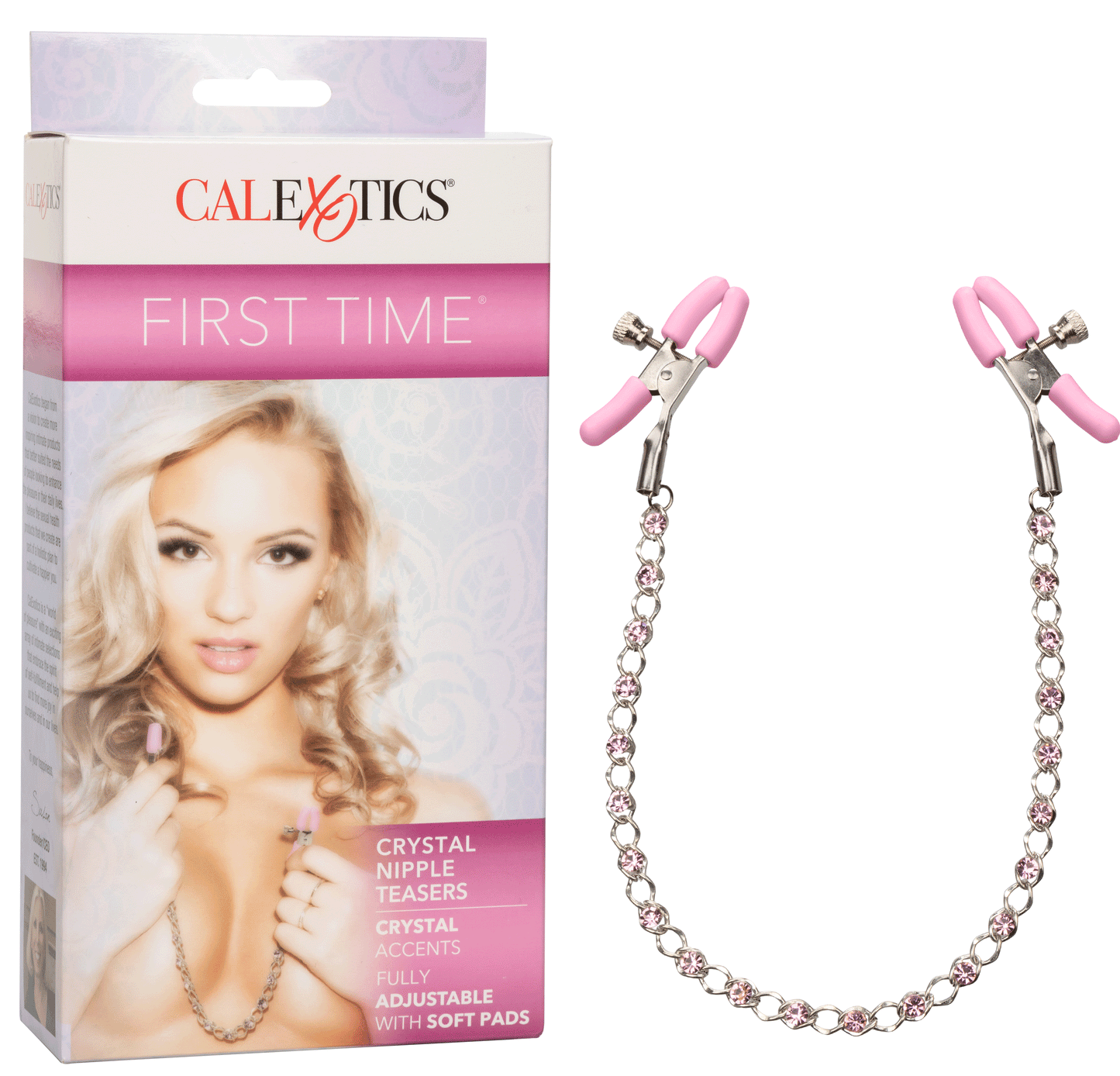 First Time Crystal Nipple Teasers with Pink Silicone Pads and Adjustable Tension Chain