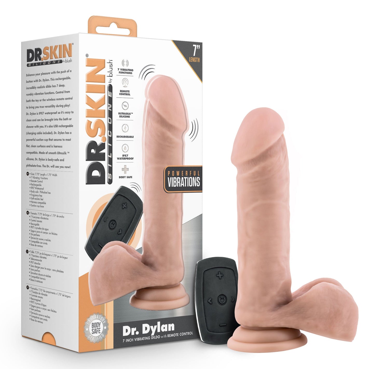 Dr. Skin Dr. Dylan (Vanilla) – Waterproof Rechargeable 7-Inch Vibrating Dildo With Remote Control