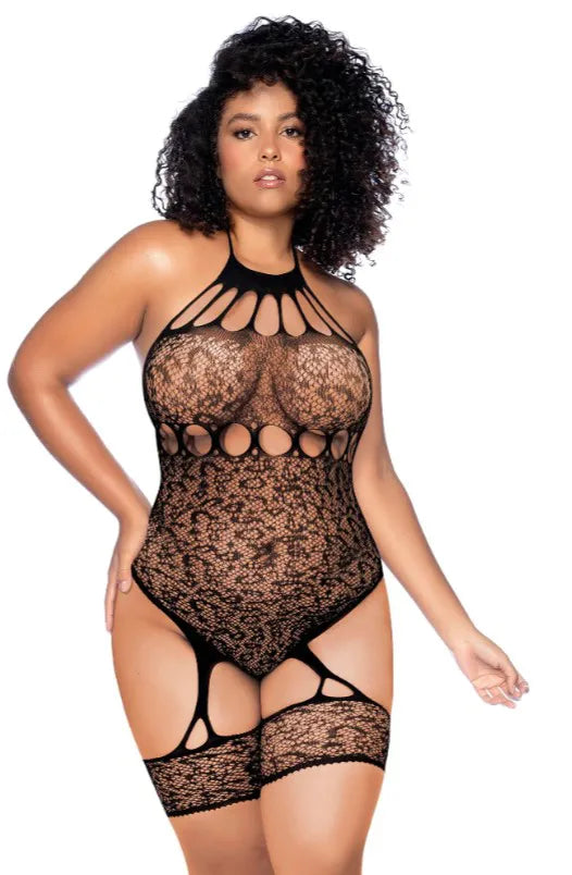 Leopard Halter Fishnet Bodysuit (Black) – Curve Lingerie