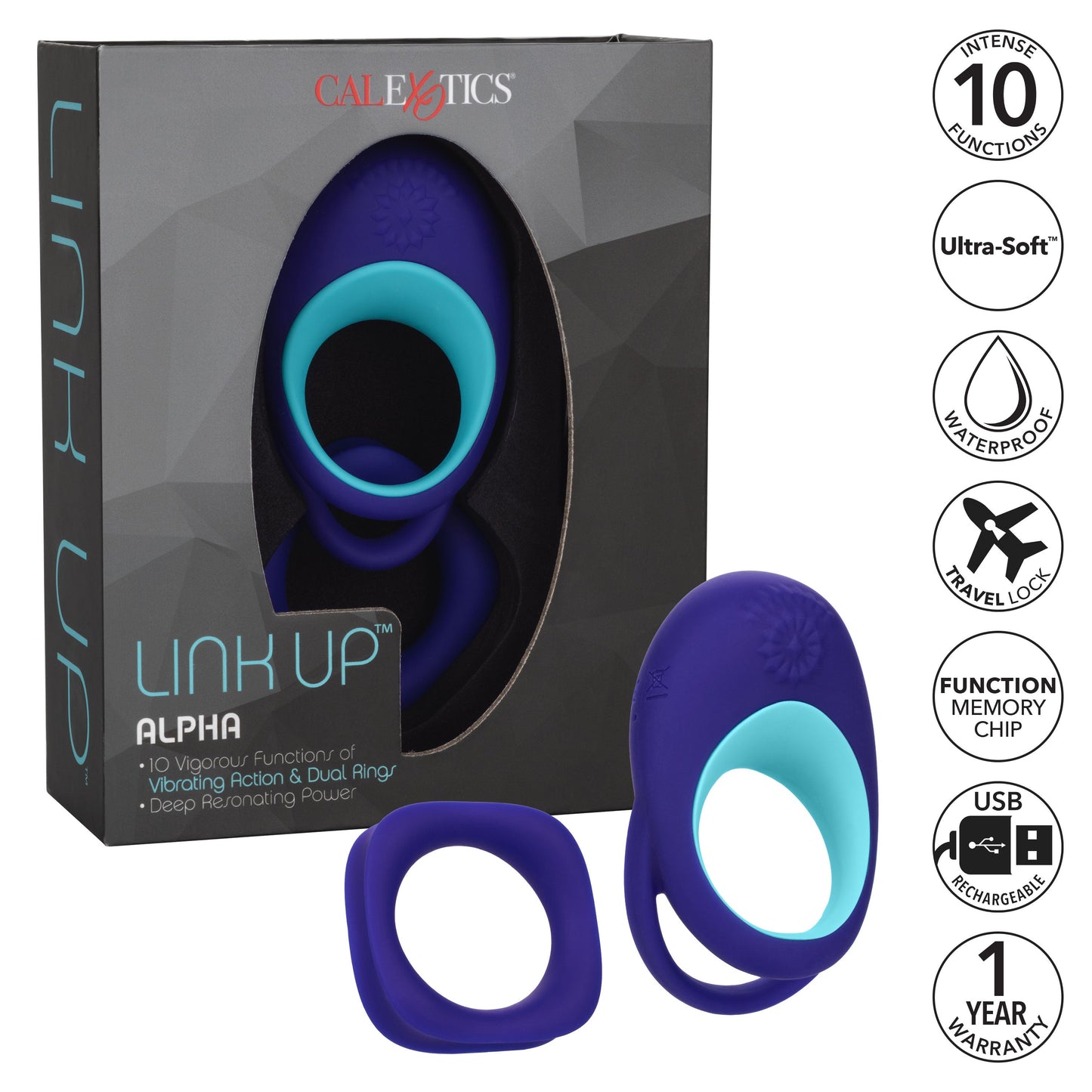 Link Up Alpha Vibrating Couples Enhancer Ring Two-Piece Set Blue and Turquoise Waterproof Silicone