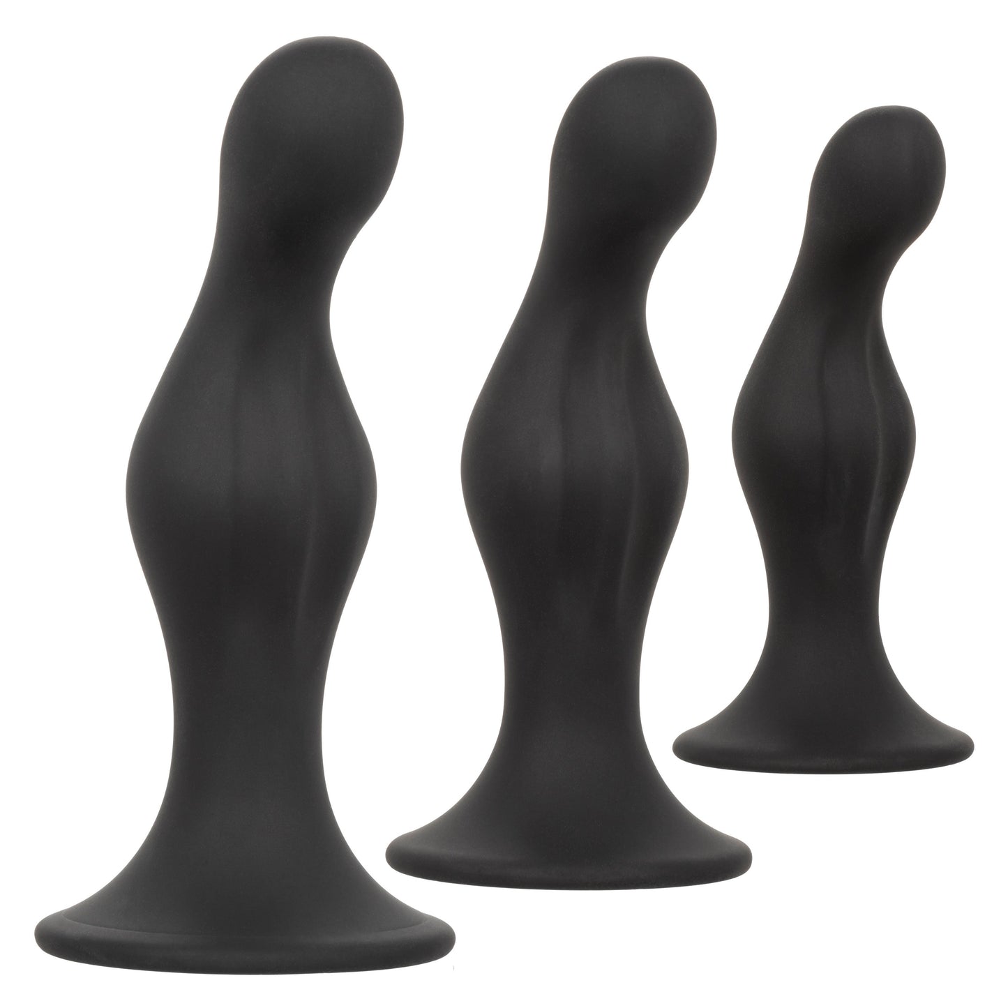 Silicone Anal Ripple Kit Set of 3 Black Graduated Curved Anal Plugs with Suction Cup Base