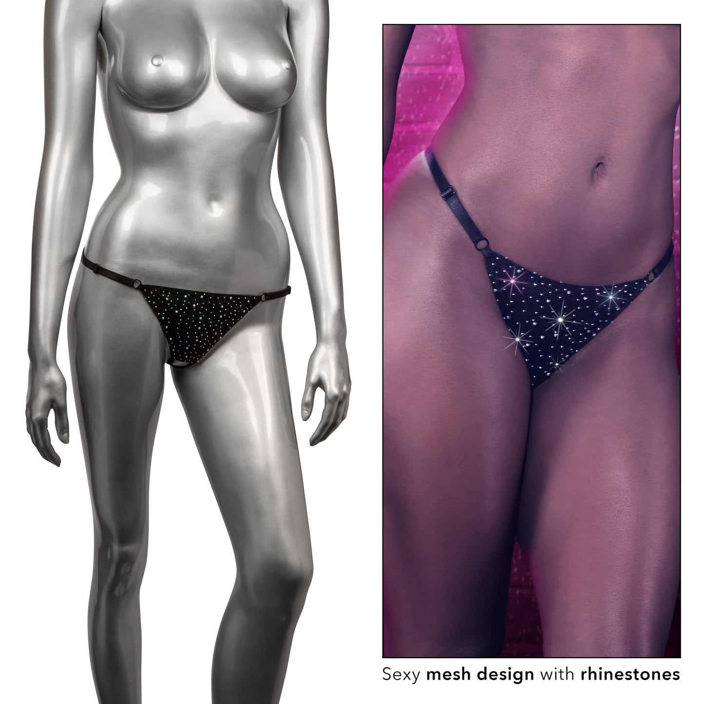 Radiance Black Rhinestone Crotchless Thong with Adjustable Straps and Stretchy Waistband