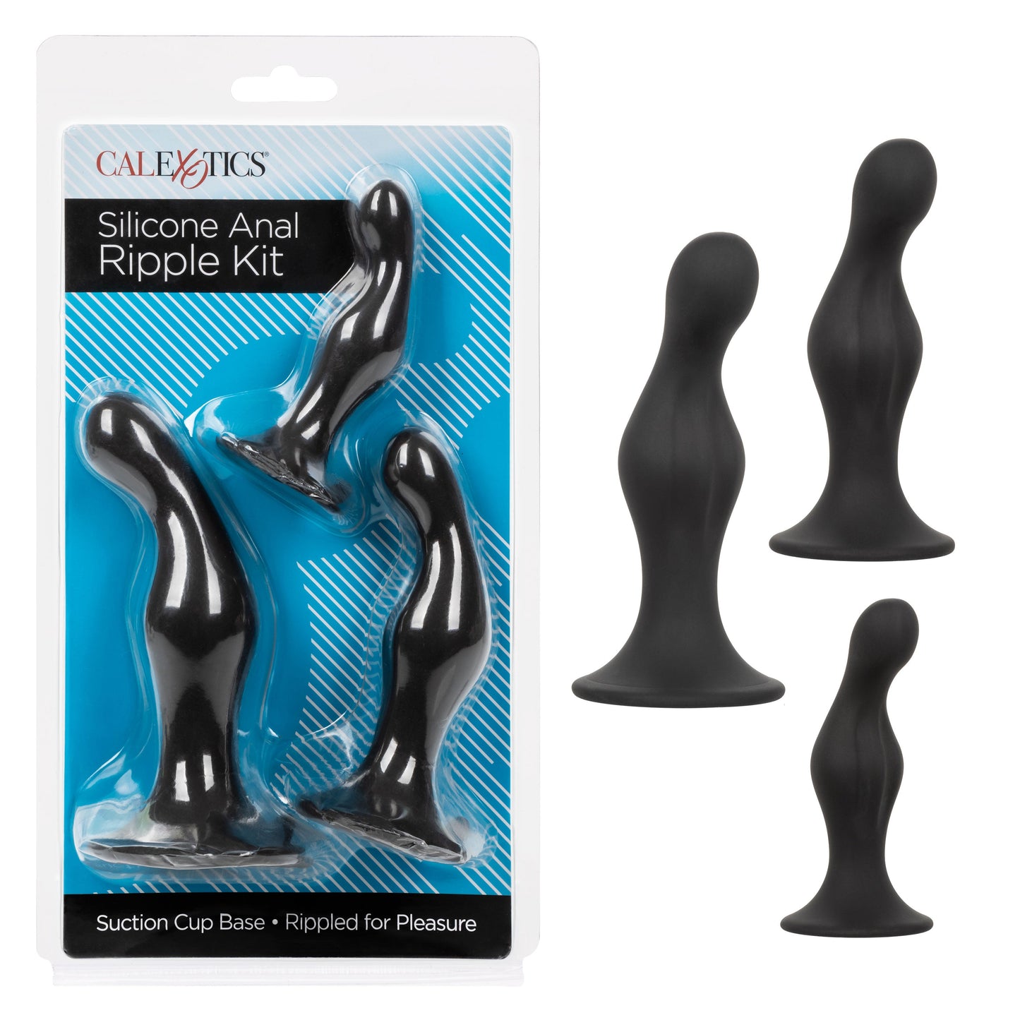 Silicone Anal Ripple Kit Set of 3 Black Graduated Curved Anal Plugs with Suction Cup Base