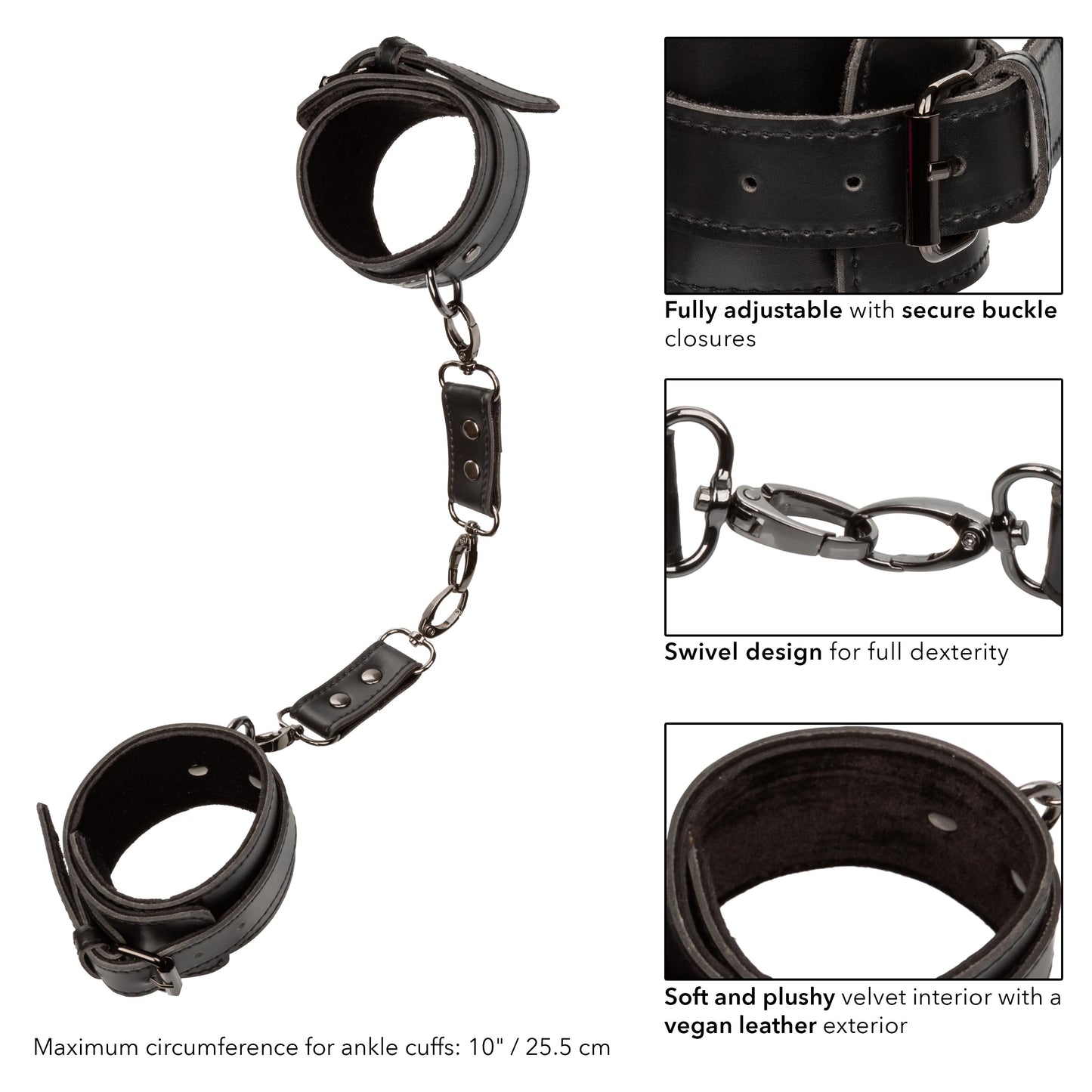 Euphoria Collection Adjustable Black Velvet and Vegan Leather Ankle Cuffs with Metal Clasps