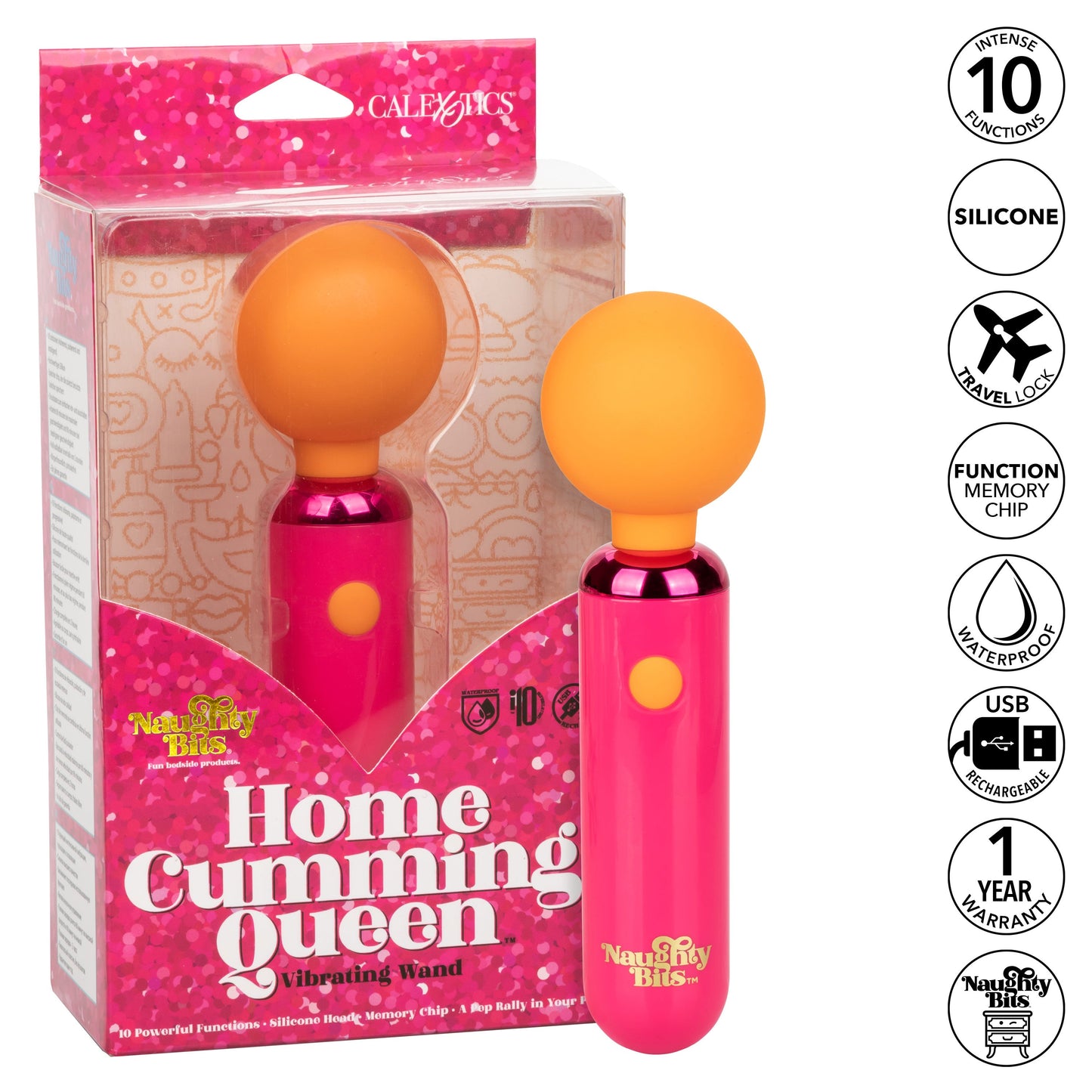 Naughty Bits Home Cumming Queen Vibrating Wand Pink and Orange Silicone Personal Massager