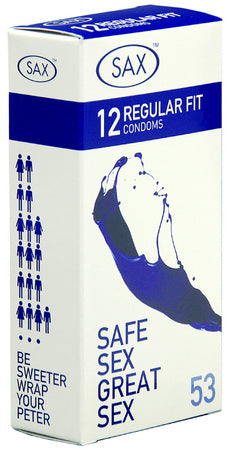 Sax Condoms Regular – 53mm Nominal Width Latex Condoms Pack of 12
