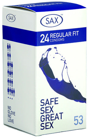 Sax Condoms Regular – Pack of 24 Strong Sensitive 53mm Latex Condoms
