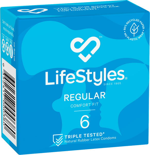 LifeStyles Regular Easy-Fit 54mm Nominal Width Latex Condoms 6 Pack
