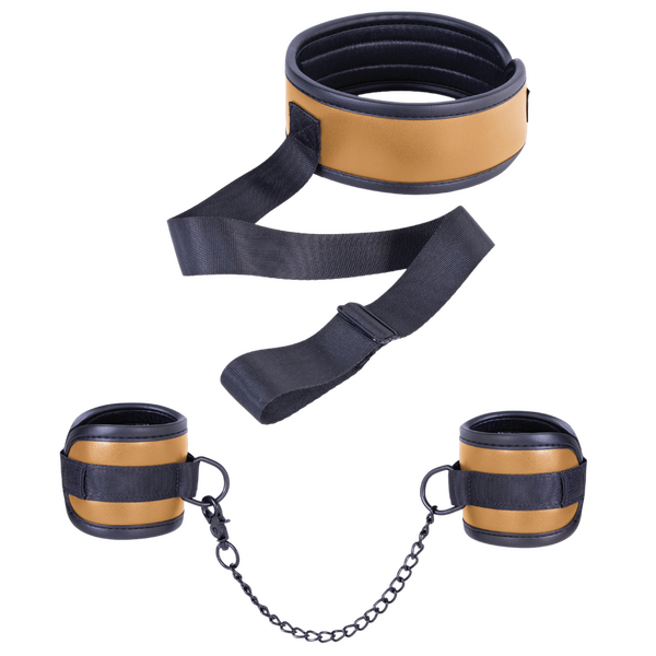 Adjustable Brown Collar with Handcuffs – Velcro Lock, Webbing Strap, 22.4cm Chain