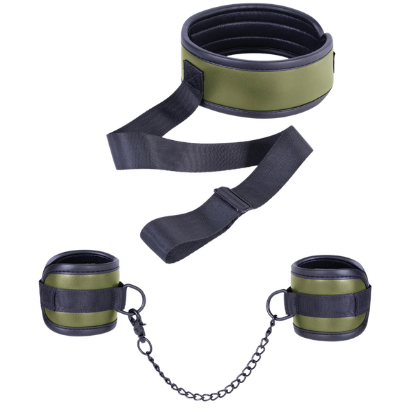 Adjustable Brown Collar with Handcuffs – Velcro Lock, Webbing Strap, 22.4cm Chain