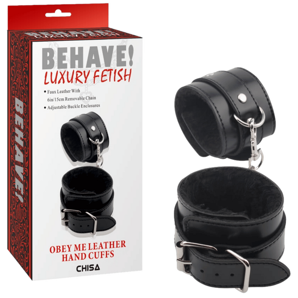 Obey Me Leather Hand Cuffs – Adjustable Metal Hook Handcuffs