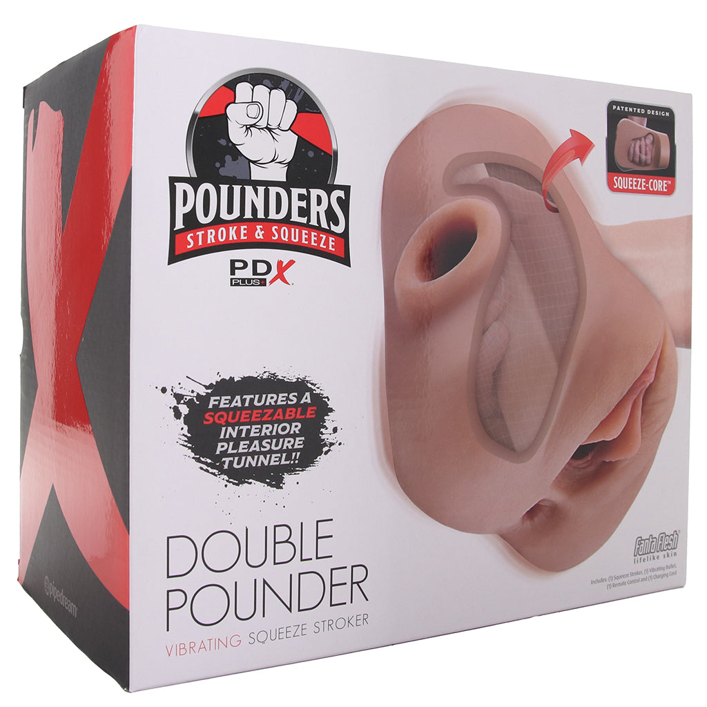 PDX Double Pounder Vibrating Squeeze Stroker in Brown