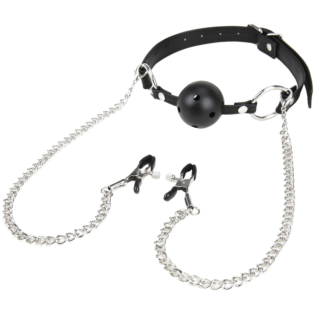 Breathable Ball Gag with Nipple Clamps Bondage and Fetish > Ball Gags & Mouth Restraints