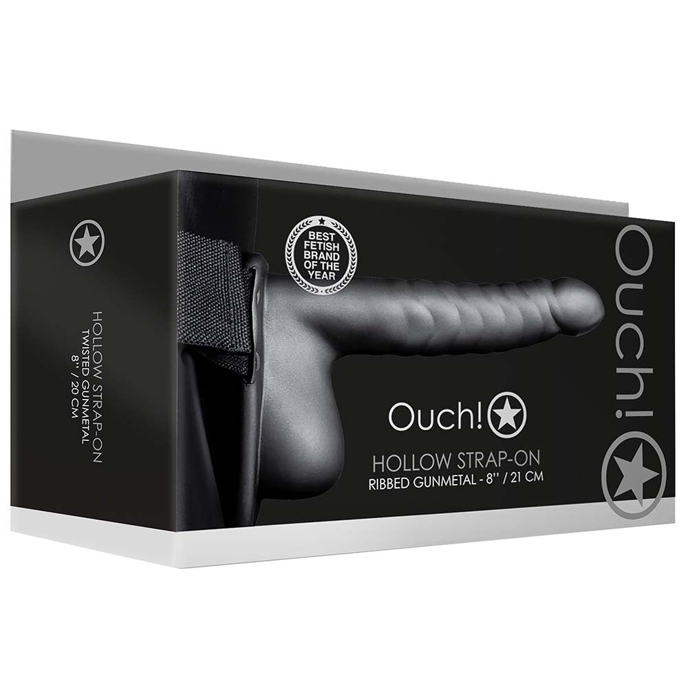 Ouch! Ribbed 8 Inch Hollow Ballsy Strap-On in Gunmetal Dildo Sex Toys > Strap-On and Harnesses