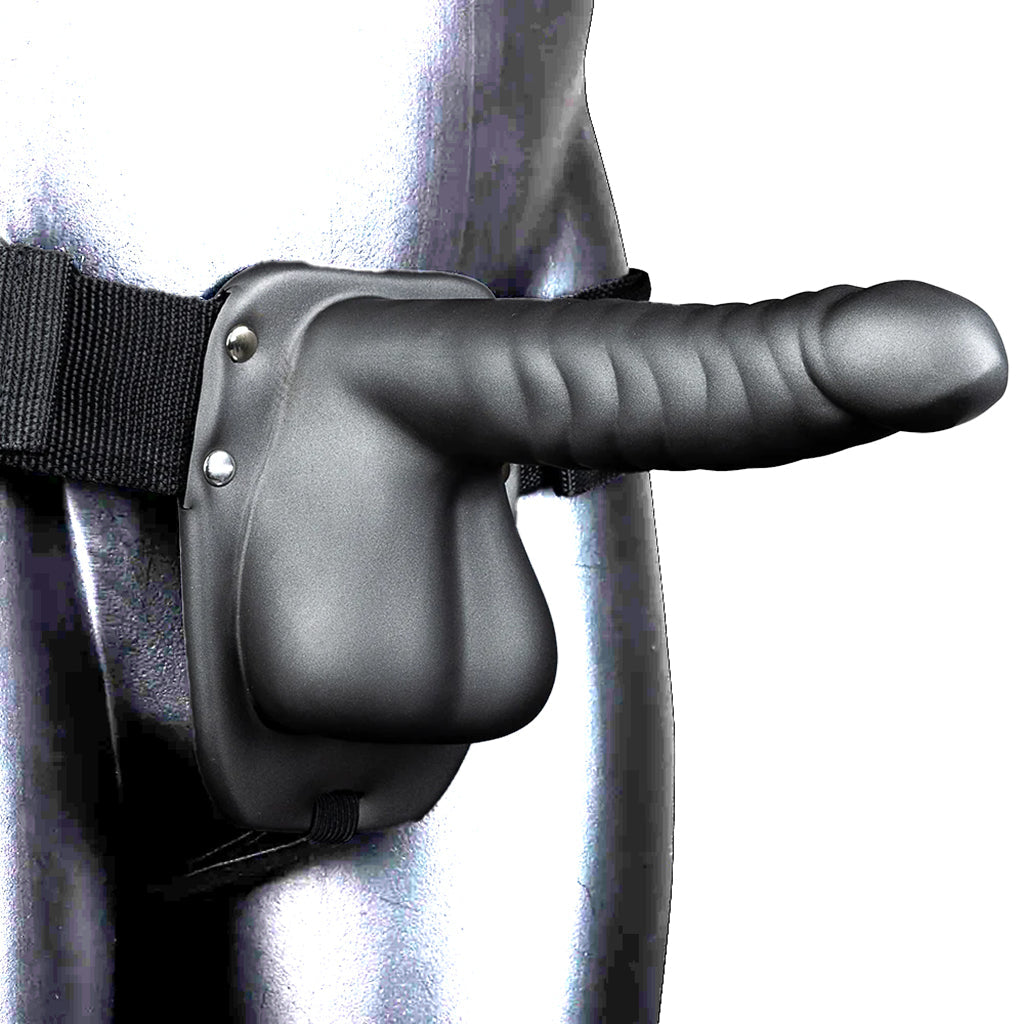Ouch! Ribbed 8 Inch Hollow Ballsy Strap-On in Gunmetal Dildo Sex Toys > Strap-On and Harnesses