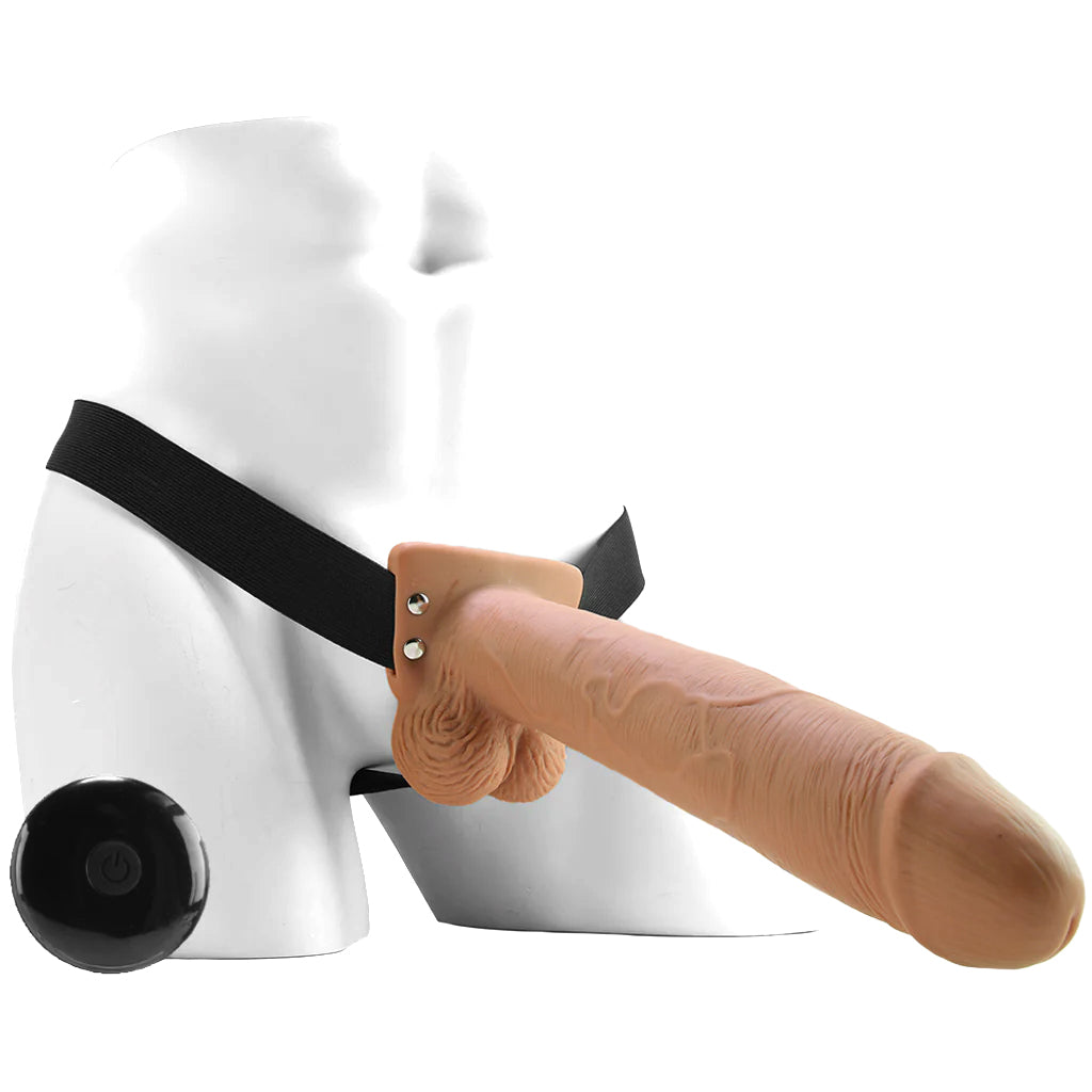 10 Inch Hollow Vibrating Strap-On with Remote in Tan Dildo Sex Toys > Strap-On and Harnesses