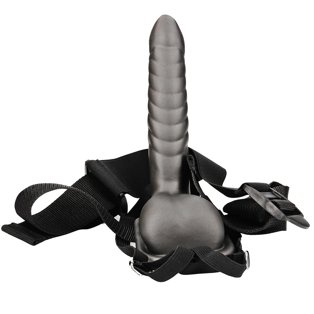 Ouch! Ribbed 8 Inch Hollow Ballsy Strap-On in Gunmetal Dildo Sex Toys > Strap-On and Harnesses