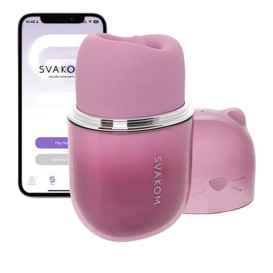 Pink silicone product with smartphone displaying 'SVAKOM' app on a white background