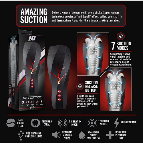 M for Men Storm (White) – Ribbed Masturbator Cup Vibrator with 7 Vibration Functions and Suction